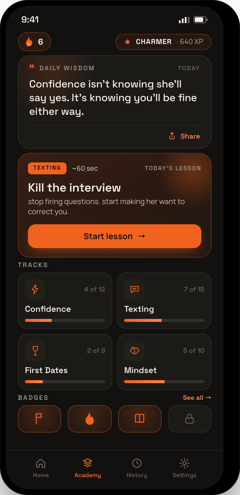 The Academy screen, showing rank progress, a streak counter and the next lesson to continue.