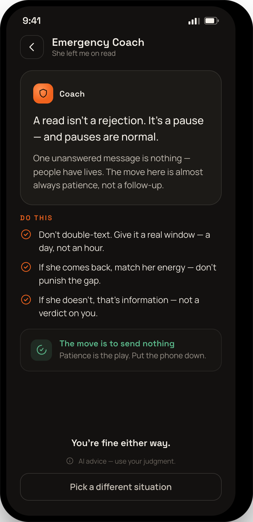 The Emergency Coach screen, talking a user down from sending a double text.