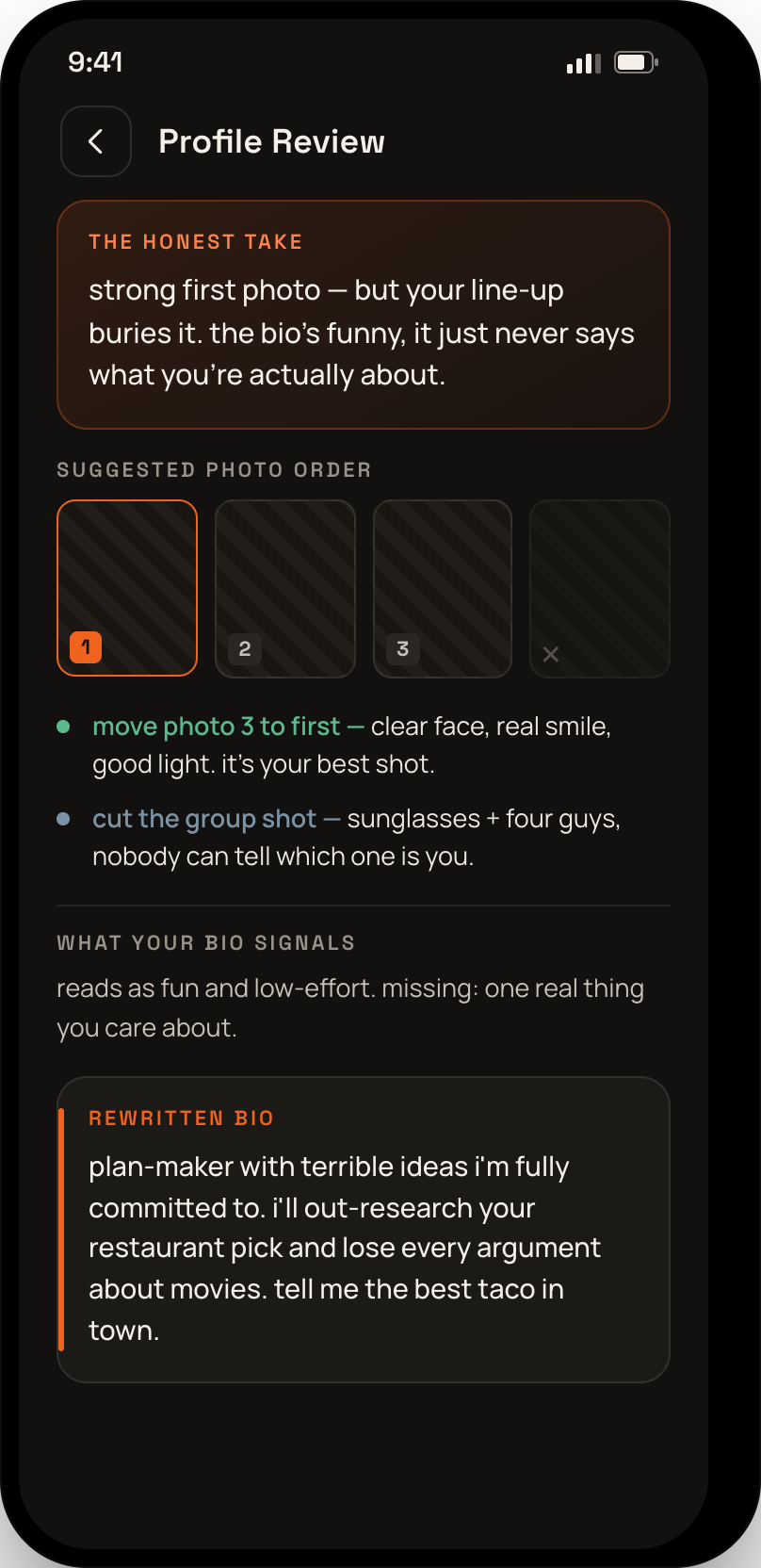 The Profile Review screen, showing feedback on a lead photo and two suggested fixes.