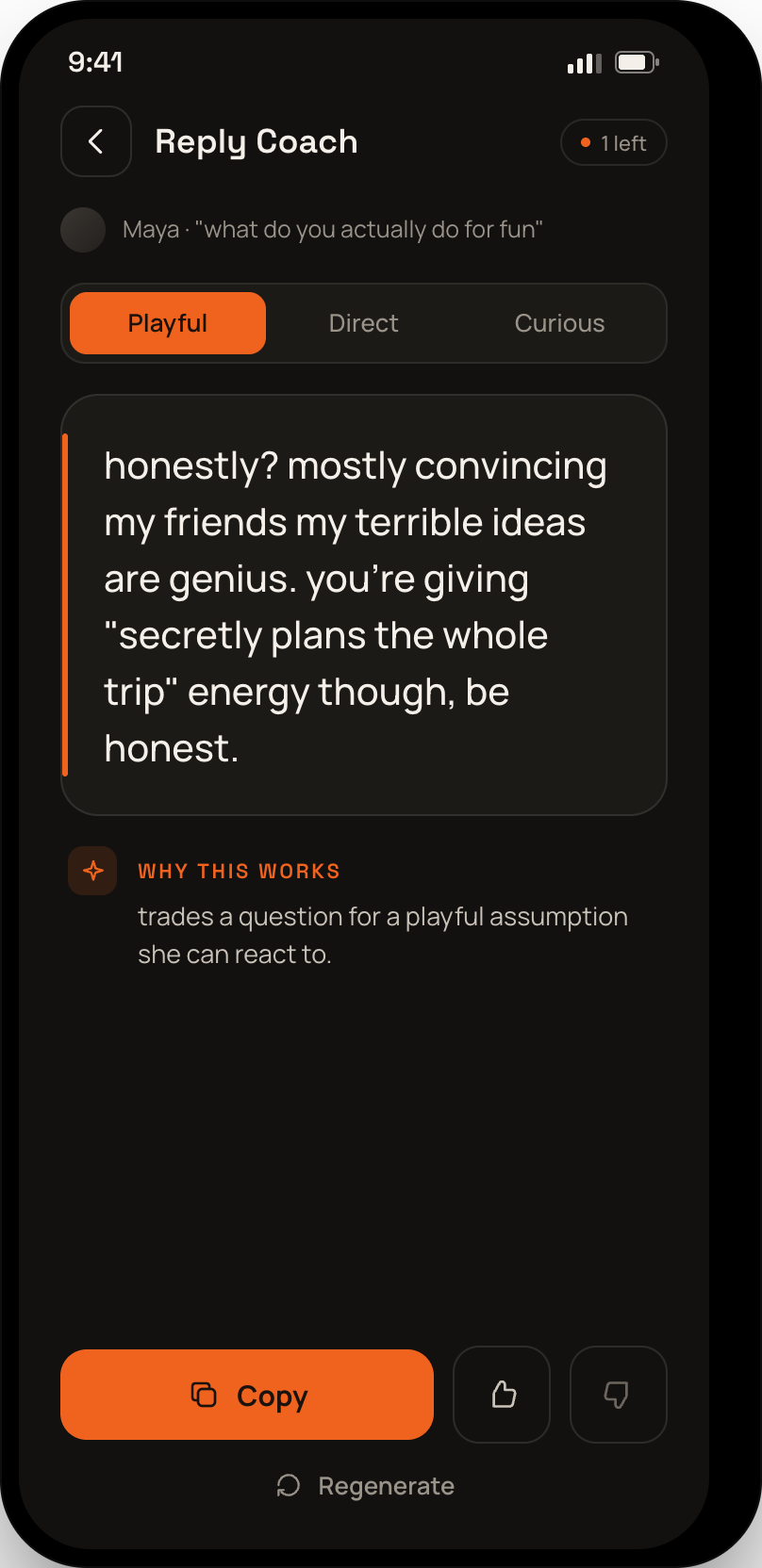 The Reply Coach screen, showing three suggested replies in different tones with the reasoning behind each.